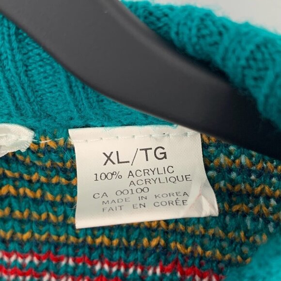 Vtg Entourage Crewneck Sweater Womens XL Teal Geometric Patterned Acrylic NEW - Picture 7 of 8